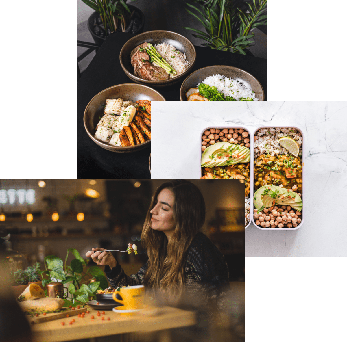 Women enjoying food ,meals in storage container,and food bowls on a table